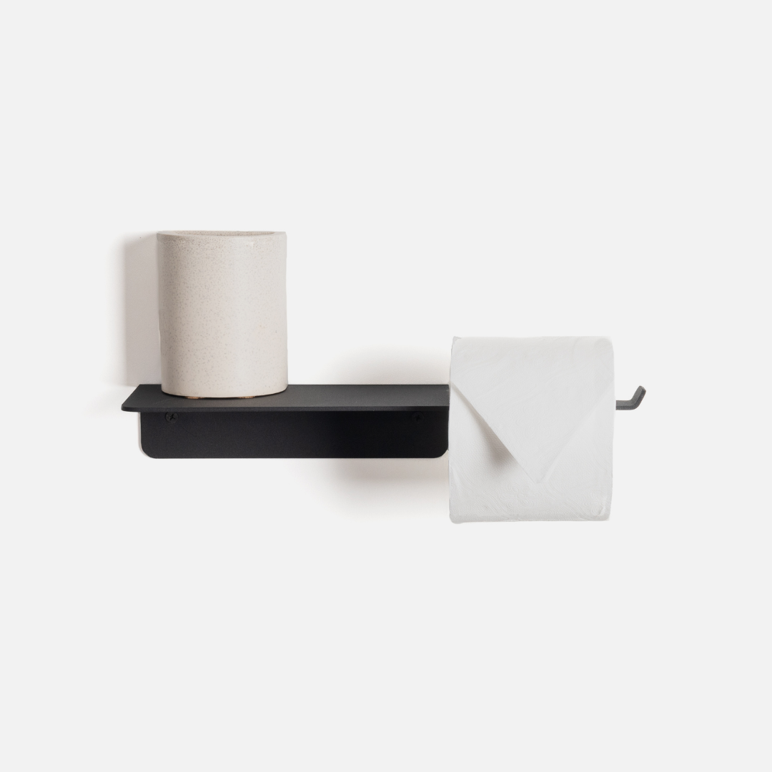 Nero Toilet Roll Holder + Shelf