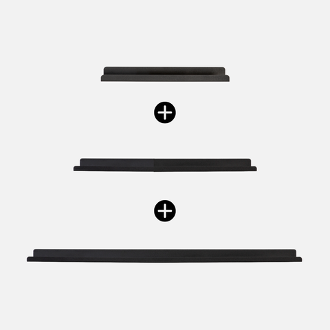 Three black shelves with plus signs on a white background