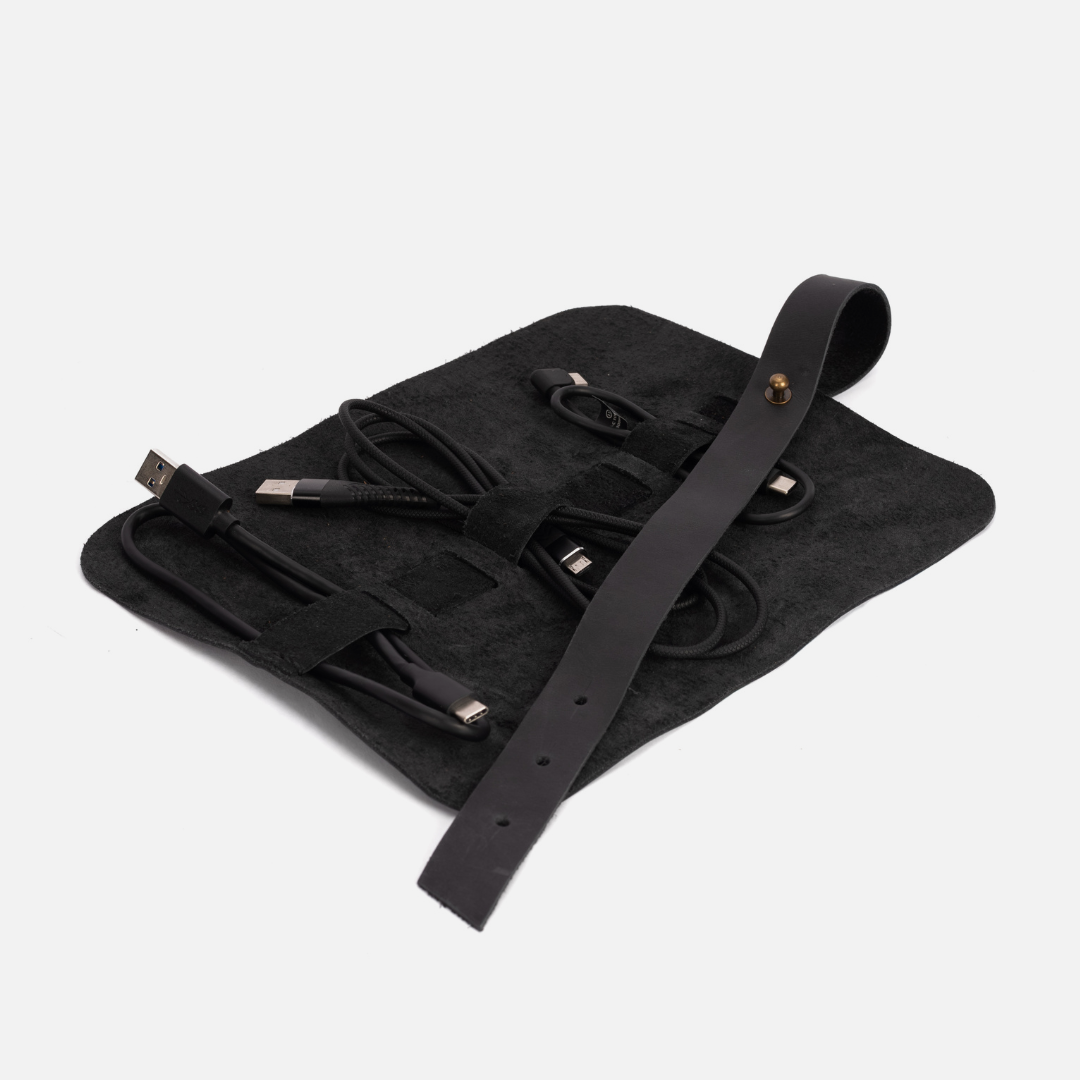 Leather Cable & Pen Roll - Black