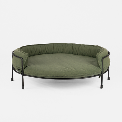 Elevated green dog sofa with a steel frame and soft padding, set against a white background.
