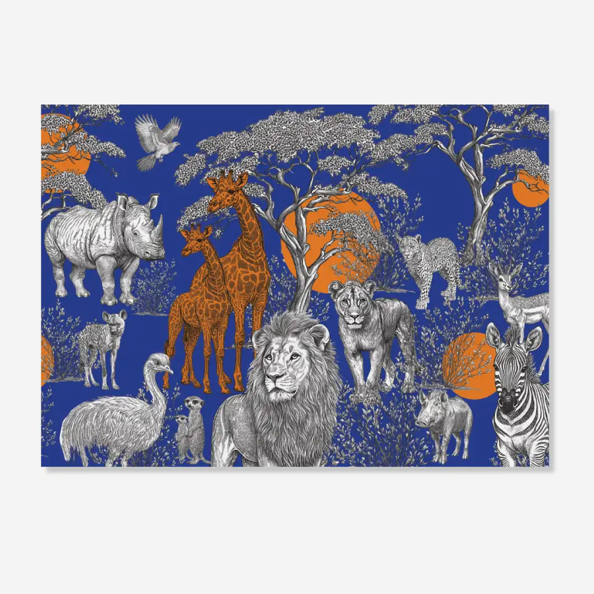 A rectangular art print or poster featuring a safari scene with illustrated animals including a lion, giraffe, rhinoceros, zebra, elephant, and ostrich, set against a deep blue background with orange sun motifs and gray tree silhouettes.
