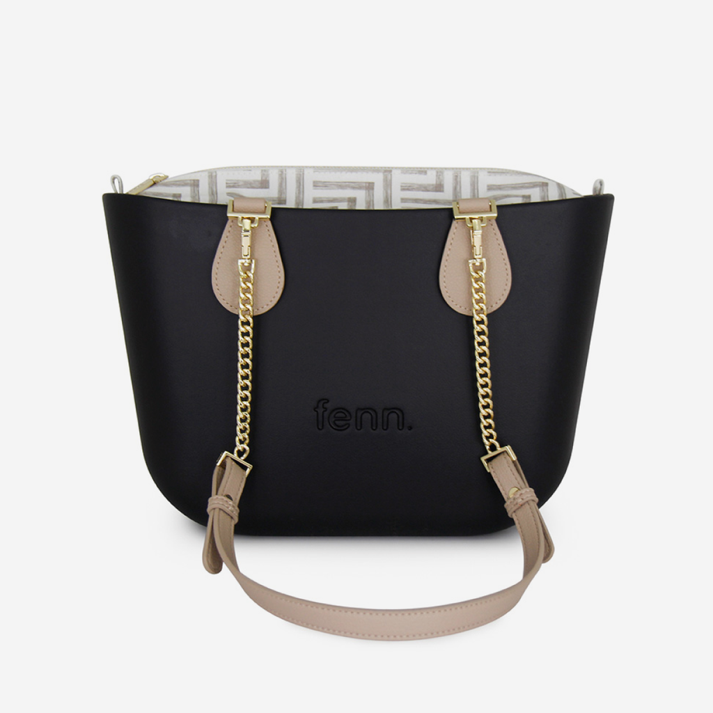 Petite Handbag - Black - Geometric Inner - Light Stone & Gold Chain