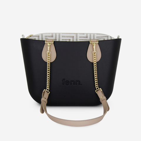 Petite Handbag - Black - Geometric Inner - Light Stone & Gold Chain