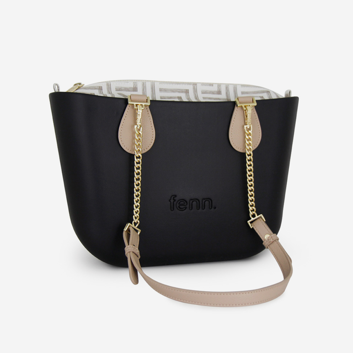 Petite Handbag - Black - Geometric Inner - Light Stone & Gold Chain
