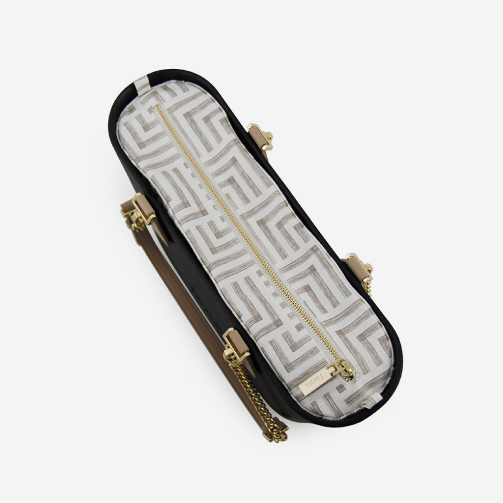 Petite Handbag - Black - Geometric Inner - Light Stone & Gold Chain