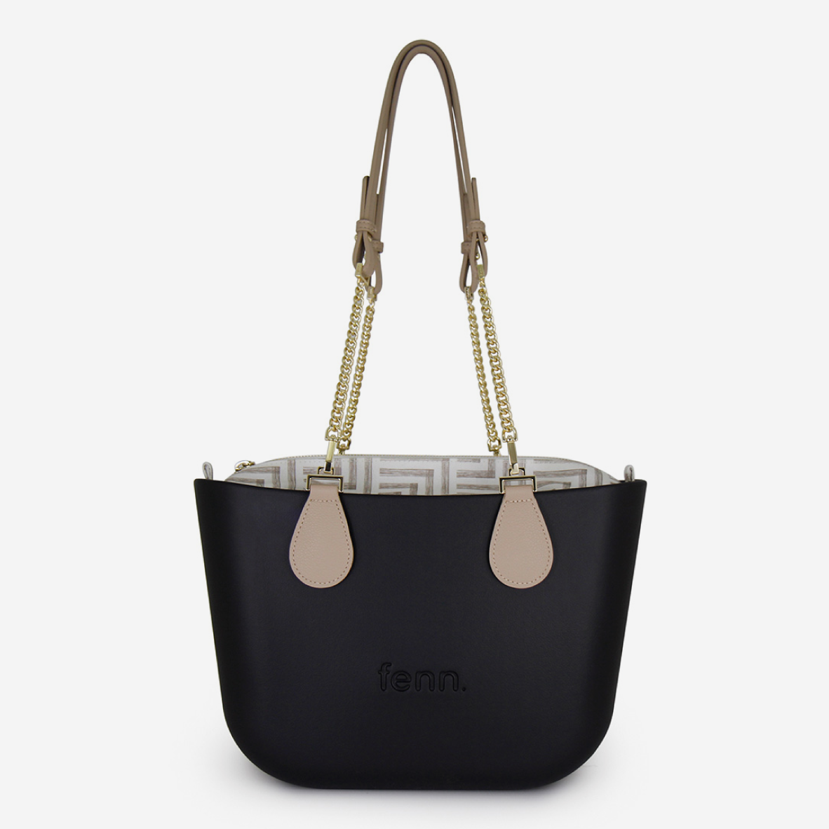 Petite Handbag - Black - Geometric Inner - Light Stone & Gold Chain