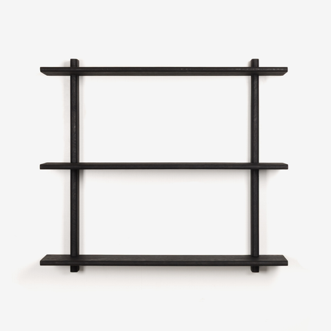Black wooden wall shelf with two levels on a white background