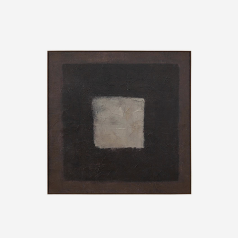 An abstract square painting featuring a textured off-white square centered within a dark brown and black concentric square composition, set against a plain light gray background.