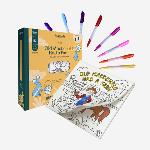 Coloring book set with 'Old MacDonald Had a Farm' design, markers, and box on a white background