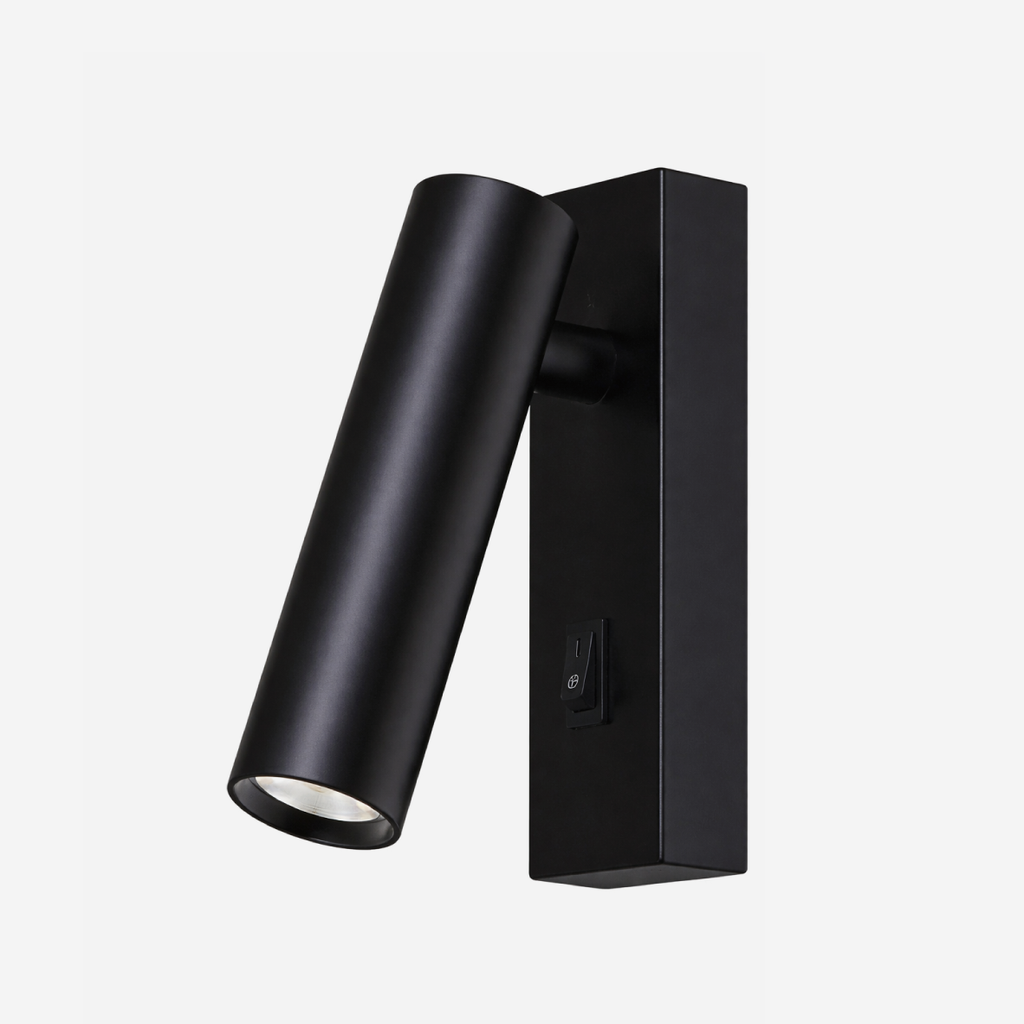 Black wall-mounted light fixture on a white background