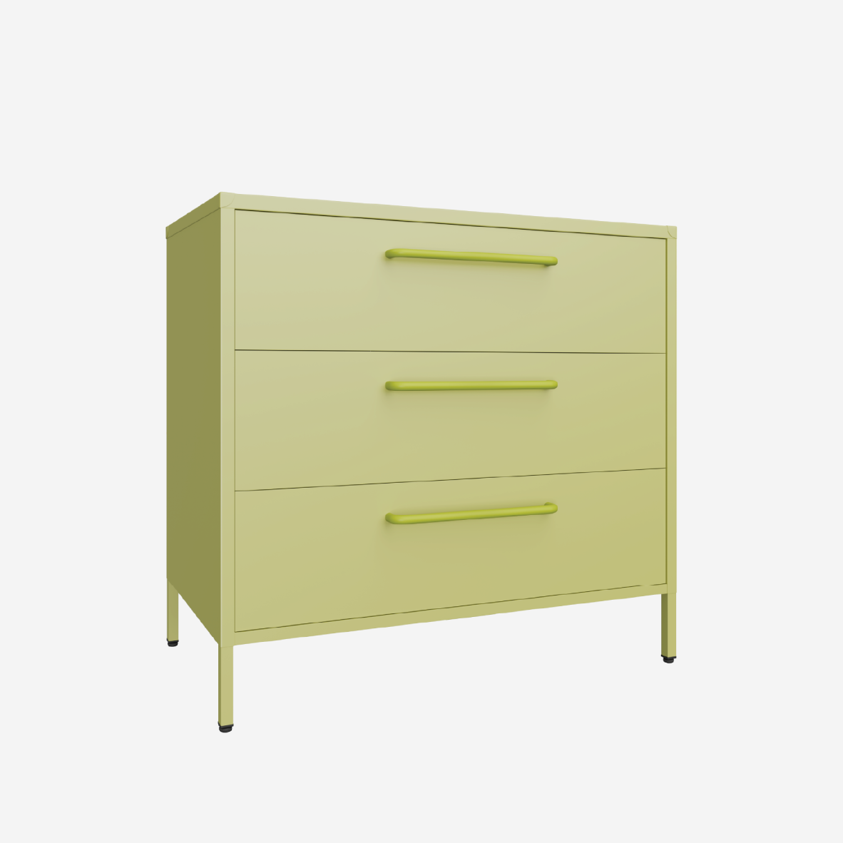 Light green dresser with three drawers on a white background