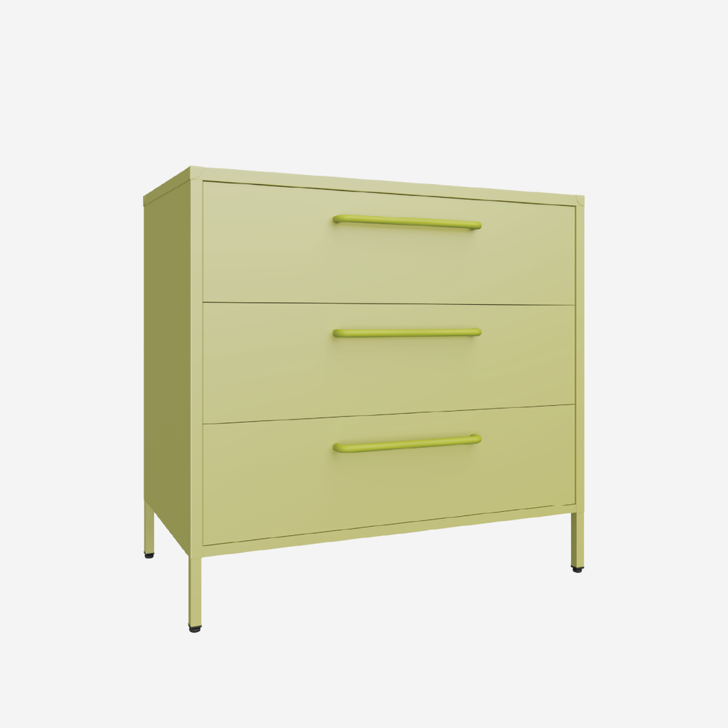 Light green dresser with three drawers on a white background